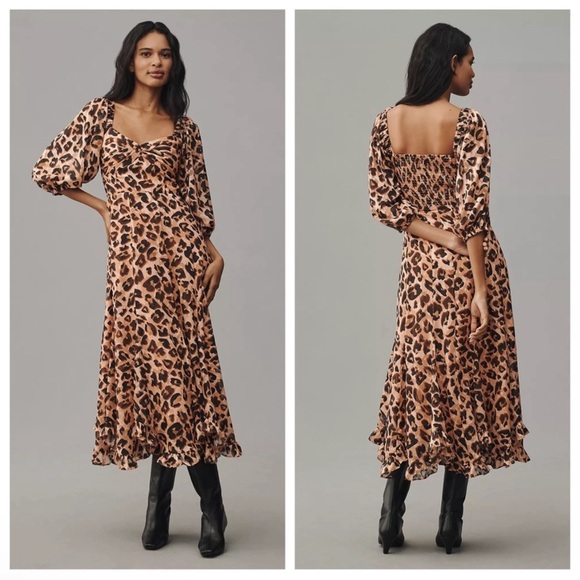 Hutch Dresses & Skirts - Anthropologie Hutch Printed Twist Front Puff Sleeve Ruffle Hem Dress Leopard